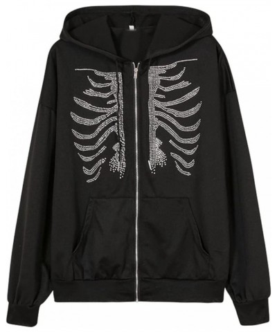 Womens Zip Up Rhinestone Hoodie Skeleton Jacket Sweatshirt Long Sleeve Vintage Streetwear Coat Black $15.28 Jackets