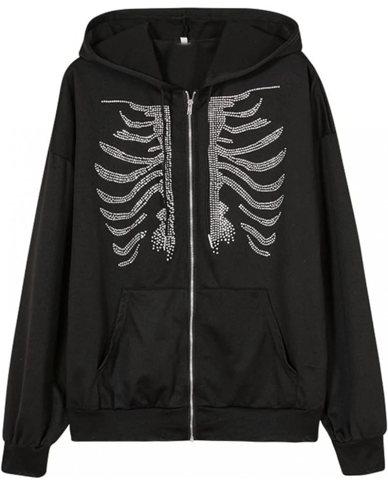 Womens Zip Up Rhinestone Hoodie Skeleton Jacket Sweatshirt Long Sleeve Vintage Streetwear Coat Black $15.28 Jackets