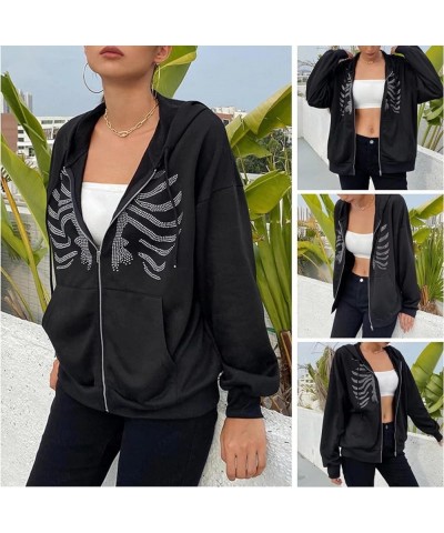 Womens Zip Up Rhinestone Hoodie Skeleton Jacket Sweatshirt Long Sleeve Vintage Streetwear Coat Black $15.28 Jackets