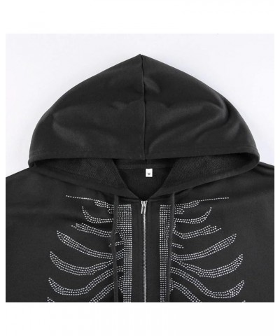 Womens Zip Up Rhinestone Hoodie Skeleton Jacket Sweatshirt Long Sleeve Vintage Streetwear Coat Black $15.28 Jackets