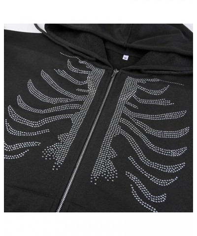 Womens Zip Up Rhinestone Hoodie Skeleton Jacket Sweatshirt Long Sleeve Vintage Streetwear Coat Black $15.28 Jackets