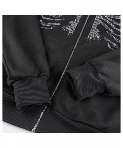 Womens Zip Up Rhinestone Hoodie Skeleton Jacket Sweatshirt Long Sleeve Vintage Streetwear Coat Black $15.28 Jackets