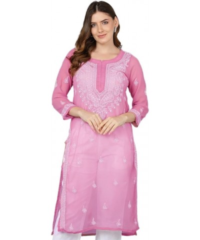 Holi Special Eid Gifts,Lucknow Chikankari Faux Georgettte Semi Transparent Kurti Kurta for Women (K161) Onion-161 $27.50 Tops