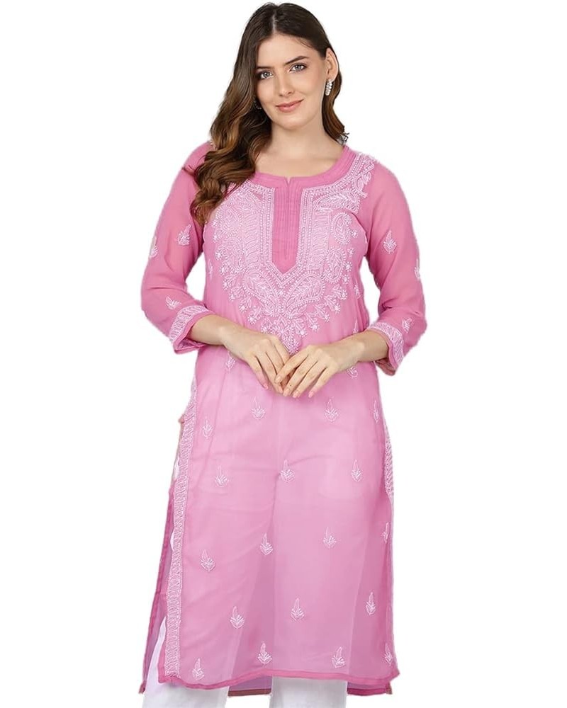 Holi Special Eid Gifts,Lucknow Chikankari Faux Georgettte Semi Transparent Kurti Kurta for Women (K161) Onion-161 $27.50 Tops