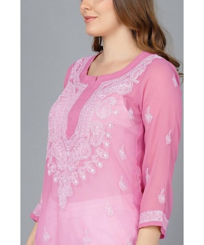 Holi Special Eid Gifts,Lucknow Chikankari Faux Georgettte Semi Transparent Kurti Kurta for Women (K161) Onion-161 $27.50 Tops