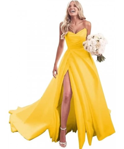 Strapless Prom Dresses Long Ball Gown Satin Wedding Dress for Bride A Line Formal Evening Party Gowns with Slit Mustard Yello...