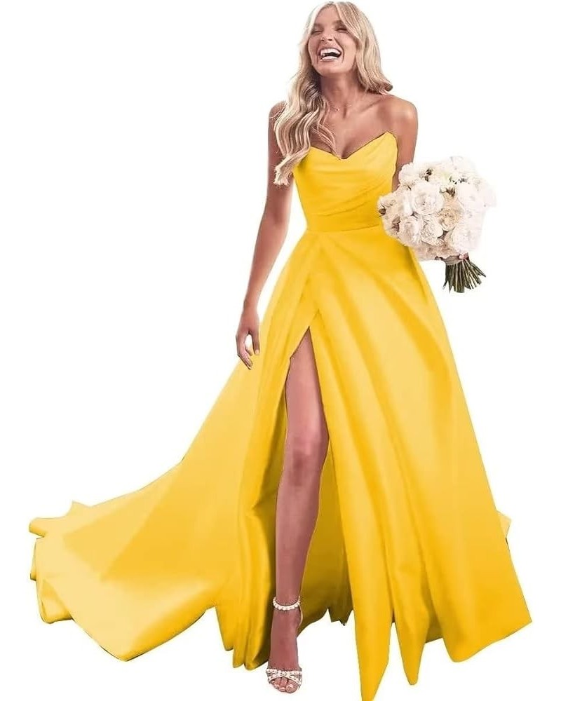 Strapless Prom Dresses Long Ball Gown Satin Wedding Dress for Bride A Line Formal Evening Party Gowns with Slit Mustard Yello...