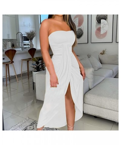 Tube Top Bodycon Long Dress for Women Sexy Elegant Tummy Control Ruched Solid Split Maxi Dress Party Evening Gowns White 2 $9...