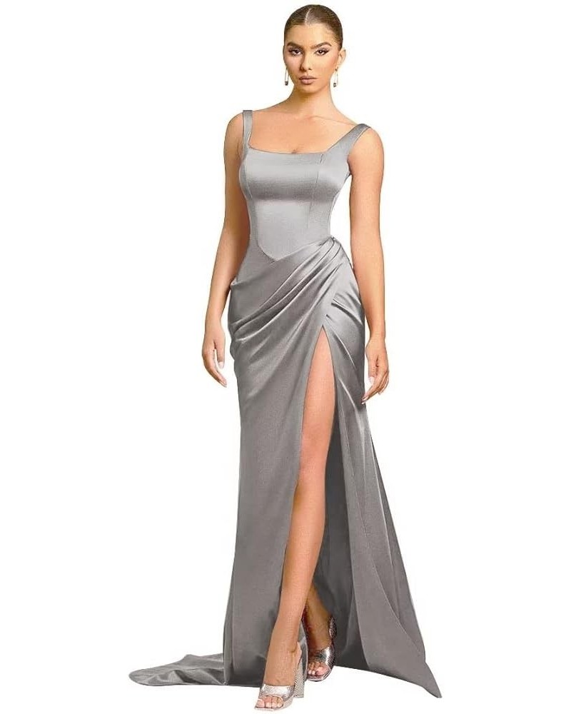 Mermaid Satin Bridesmaid Dresses Long Ruched Prom Dresses for Women Slit Formal Evening Party Gowns Silver $34.44 Dresses