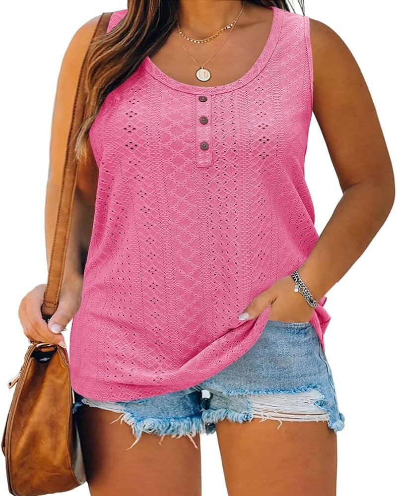 Womens Plus Size Tank Tops Summer Eyelet Sleeveless Henley T-Shirts Tops Casual Button Down Tunics Shirts Rose Red $13.43 Tanks