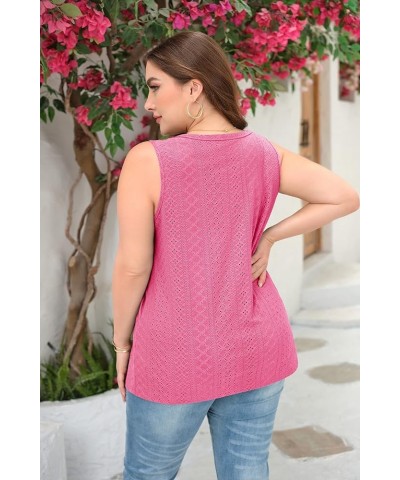 Womens Plus Size Tank Tops Summer Eyelet Sleeveless Henley T-Shirts Tops Casual Button Down Tunics Shirts Rose Red $13.43 Tanks