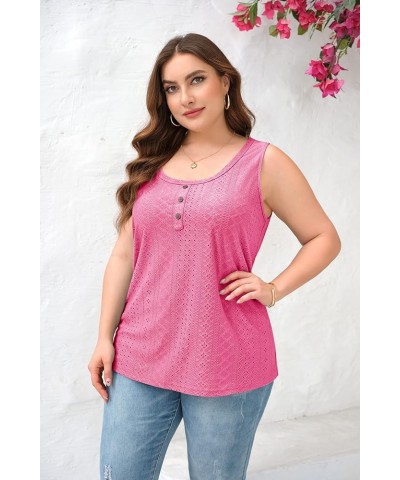 Womens Plus Size Tank Tops Summer Eyelet Sleeveless Henley T-Shirts Tops Casual Button Down Tunics Shirts Rose Red $13.43 Tanks