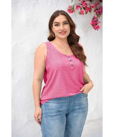 Womens Plus Size Tank Tops Summer Eyelet Sleeveless Henley T-Shirts Tops Casual Button Down Tunics Shirts Rose Red $13.43 Tanks