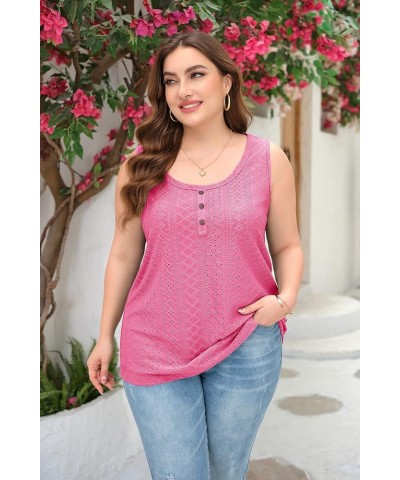 Womens Plus Size Tank Tops Summer Eyelet Sleeveless Henley T-Shirts Tops Casual Button Down Tunics Shirts Rose Red $13.43 Tanks