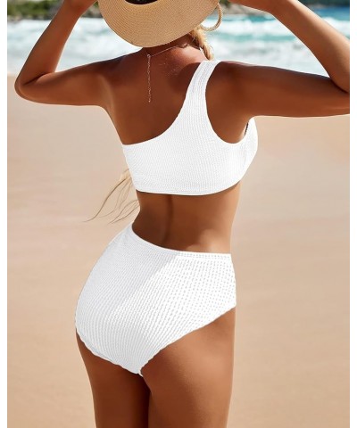 One Shoulder Bikini Sets for Women High Waisted Full Coverage Swimsuit Ribbed Push Up Two Pieces Bathing Suits White $14.83 S...