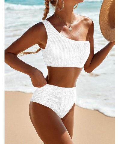 One Shoulder Bikini Sets for Women High Waisted Full Coverage Swimsuit Ribbed Push Up Two Pieces Bathing Suits White $14.83 S...