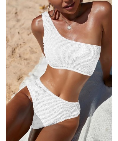 One Shoulder Bikini Sets for Women High Waisted Full Coverage Swimsuit Ribbed Push Up Two Pieces Bathing Suits White $14.83 S...