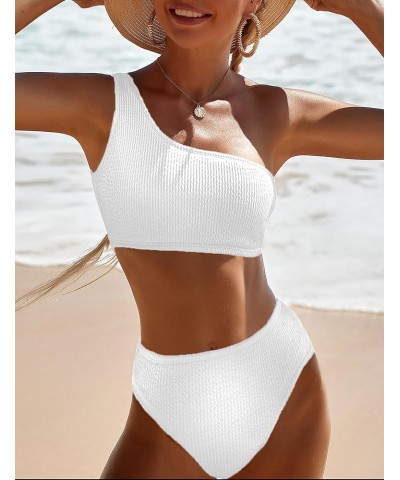 One Shoulder Bikini Sets for Women High Waisted Full Coverage Swimsuit Ribbed Push Up Two Pieces Bathing Suits White $14.83 S...