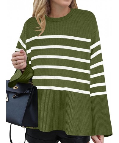 Women's 2024 Fall Winter Striped Sweaters Long Sleeve Crew Neck Ribbed Knit Side Slit Oversized Pullover Sweater Tops Armygre...