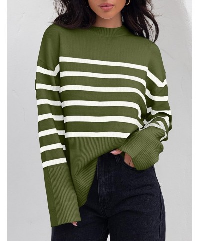 Women's 2024 Fall Winter Striped Sweaters Long Sleeve Crew Neck Ribbed Knit Side Slit Oversized Pullover Sweater Tops Armygre...