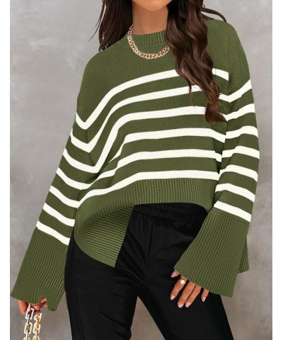 Women's 2024 Fall Winter Striped Sweaters Long Sleeve Crew Neck Ribbed Knit Side Slit Oversized Pullover Sweater Tops Armygre...