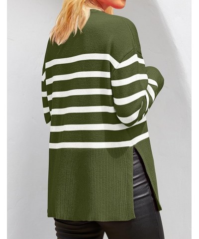 Women's 2024 Fall Winter Striped Sweaters Long Sleeve Crew Neck Ribbed Knit Side Slit Oversized Pullover Sweater Tops Armygre...