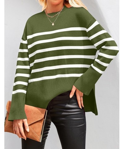 Women's 2024 Fall Winter Striped Sweaters Long Sleeve Crew Neck Ribbed Knit Side Slit Oversized Pullover Sweater Tops Armygre...