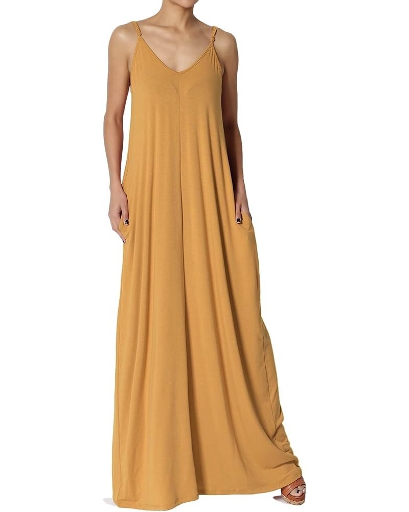 Women's Casual Beach V-Neck Draped Soft Jersey Cami Long Maxi Dress with Pocket Golden Mustard $15.94 Dresses