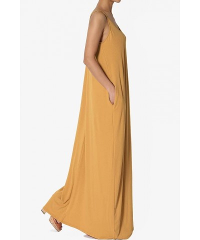 Women's Casual Beach V-Neck Draped Soft Jersey Cami Long Maxi Dress with Pocket Golden Mustard $15.94 Dresses