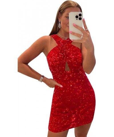 Halter Short Tight Homecoming Dresses for Teens Sparkly Bodycon Cocktail Party Gowns YZTS071 A-red $29.67 Dresses