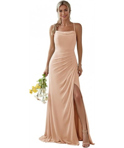 Tulle Bridesmaid Dresses for Women with Slit Spaghetti Strap Formal Evening Gown Pleated A Line Maxi Dress Peach $29.00 Dresses