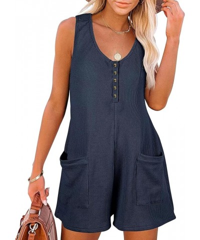 Womens Rompers Sleeveless Button Down V Neck Waffle Tank Top Jumpsuit Summer Outfits Navy Blue $12.97 Rompers