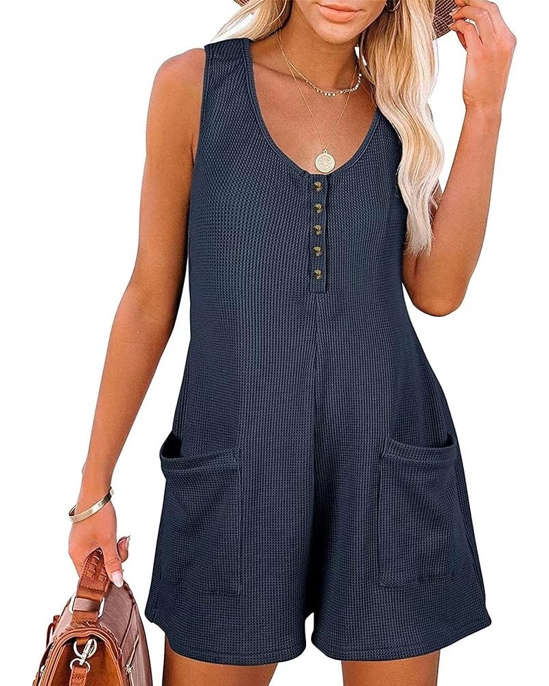 Womens Rompers Sleeveless Button Down V Neck Waffle Tank Top Jumpsuit Summer Outfits Navy Blue $12.97 Rompers