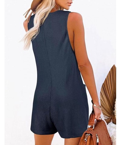 Womens Rompers Sleeveless Button Down V Neck Waffle Tank Top Jumpsuit Summer Outfits Navy Blue $12.97 Rompers