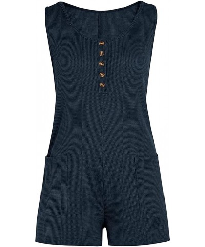 Womens Rompers Sleeveless Button Down V Neck Waffle Tank Top Jumpsuit Summer Outfits Navy Blue $12.97 Rompers