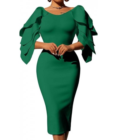 Women's Elegant Ruffle Off The Shoulder Zipper Empire Midi Cocktail Dress Green $18.49 Dresses