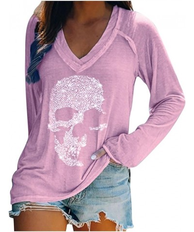 Womens Long Sleeve Shirts Rhinestones Skull Skeleton Tshirts Tees V Neck Tunic Blouses Tops Y2K Trendy Clothing 2023 J03-pink...