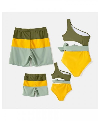 Family Matching Swimsuits Mommy and Me One Shoulder Cutout Colorblock Bathing Suits One Piece Swimwear Sets Men Green/Yellow ...