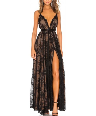 Women's Sexy Backless Spaghetti Straps Floral Lace Paris Evening Gown Deep V Neck Front Split Maxi Dress 72245 Black $23.10 D...