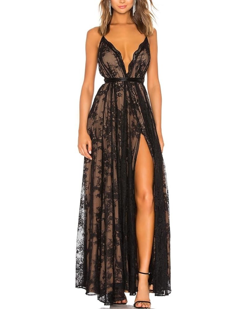 Women's Sexy Backless Spaghetti Straps Floral Lace Paris Evening Gown Deep V Neck Front Split Maxi Dress 72245 Black $23.10 D...