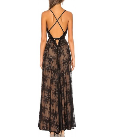 Women's Sexy Backless Spaghetti Straps Floral Lace Paris Evening Gown Deep V Neck Front Split Maxi Dress 72245 Black $23.10 D...