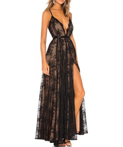 Women's Sexy Backless Spaghetti Straps Floral Lace Paris Evening Gown Deep V Neck Front Split Maxi Dress 72245 Black $23.10 D...