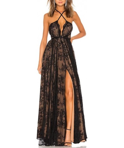 Women's Sexy Backless Spaghetti Straps Floral Lace Paris Evening Gown Deep V Neck Front Split Maxi Dress 72245 Black $23.10 D...