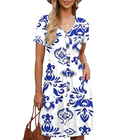 Women Summer Casual Short Sleeve Dresses Button Down Skater Dress with Pockets Blue Ethnic Pattern $17.05 Dresses