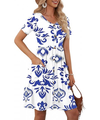 Women Summer Casual Short Sleeve Dresses Button Down Skater Dress with Pockets Blue Ethnic Pattern $17.05 Dresses