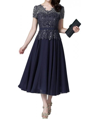 Mother of The Bride Dresses Tea Length Chiffon Lace Formal Wedding Prom Dresses Mother of The Groom Dress Short Sleeve Navy B...