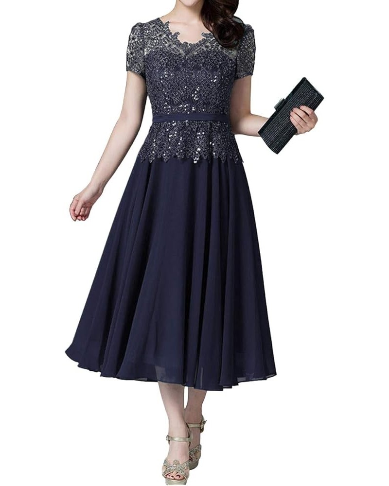 Mother of The Bride Dresses Tea Length Chiffon Lace Formal Wedding Prom Dresses Mother of The Groom Dress Short Sleeve Navy B...