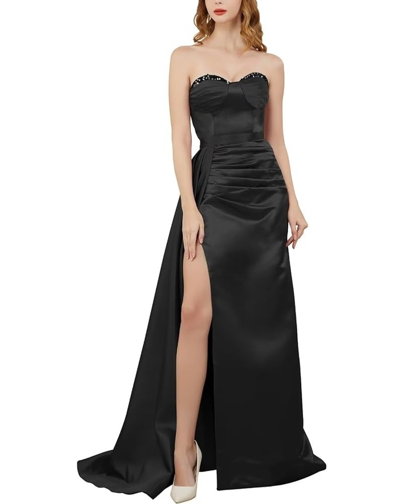 Strapless Satin Prom Dresses for Women Mermaid 2024 Long Sequin Ruched Formal Evening Gowns with Slit Black $29.25 Dresses