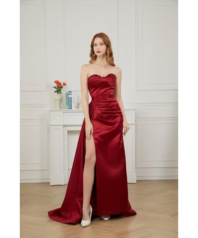 Strapless Satin Prom Dresses for Women Mermaid 2024 Long Sequin Ruched Formal Evening Gowns with Slit Black $29.25 Dresses