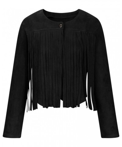 Fringe Jacket Tassel Long Sleeve Hippie Top 60s Outfits for Women Western Punk Tassel Crop Coats Faux Suede Cardigan Black $8...